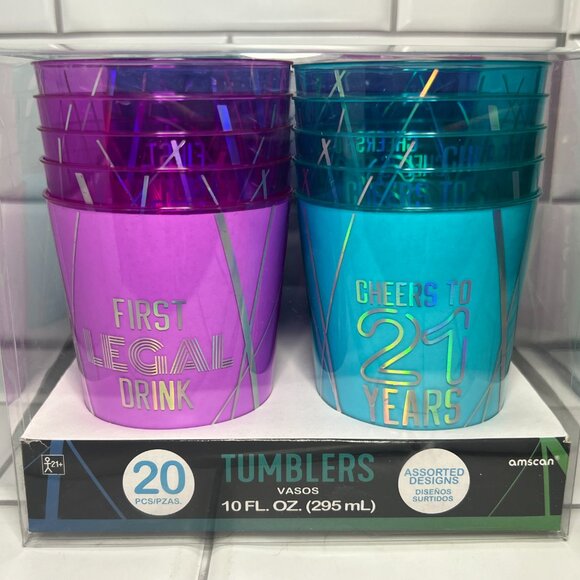 Amscan Iridescent Pink & Blue Finally 21 Birthday Plastic Tumbler Cups 10oz 20Ct - Picture 3 of 6